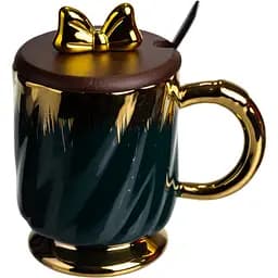 Чашка порцелянова Ribbon 450 мл з кришкою та ложкою малахіт FM-23A