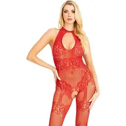 Бодістокінг Leg Avenue RhinestOne Lace and Net Bodystocking Red One Size