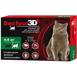 Капли противопаразитарные Fipromax Secfour 3D для котов 1 мл 4-8 кг 2 шт.