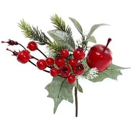 Декоративная новогодняя ветка с яблоком ягодами и хвоей 21 см