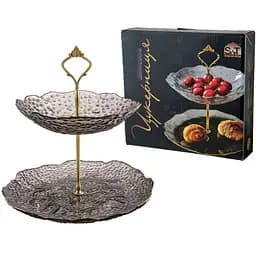Цукерниця двоярусна S&T Агат 26 см сіра золотий кант (30088-2)