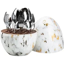 Набор столовых приборов TS Kitchen Белый мрамор на 6 персон из нержавеющей стали Серебристые 24 штуки в яйце