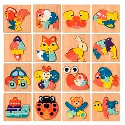 Деревянная игрушка Пазлы (животные, транспорт, насекомые, морские обитатели), 15x15x1 см (в ассортименте)