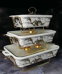 Набор из 3-х мармитов керамических прямоугольных Kitchen с крышками из стекла Бело Золотистый