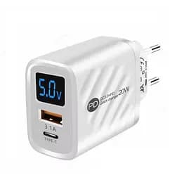 Зарядное устройство 20W на 2 порта 1-USB, 1-PD с экраном White 