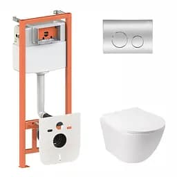 Набор Qtap инсталляция 3 в 1 Nest QT0133M425 с панелью смыва круглой QT0111M11112CRM + унитаз с сиденьем Jay QT07335176W, Белый