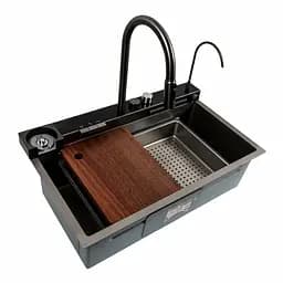 Кухонна мийка 75x46D PVD сіра Platinum Handmade Водоспад, Нержавіюча сталь