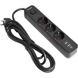 Мережевий подовжувач Videx Oncord з/з 3 п 3 м (3x1.5 мм) 2.4А 2USB+USB-C з кнопкою чорний (VF-PD33G2U1C-B)
