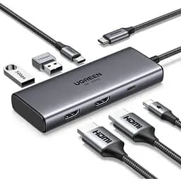 Концентратор Ugreen USB3.1 Type-C to HDMIx2 4K60Hz (8k30Hz)/USB3.0x2/Type-C/PD 100W CM498 (15852)