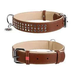 Ошейник для собак кожаный Waudog Soft с QR-паспортом металлические украшения Ш 35 мм Д 46-60 см коричневый