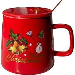 Кружка новогодняя Olens 8030-292-2 Рождественская с крышкой и ложкой керамическая 400 мл Красная