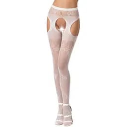 Еротичні колготки-бодістокінг Passion S022 white імітація квіткових панчох і пояса для панчох S/M/L