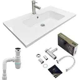 Набор для ванной комнаты Adamant раковина умывальник FLATE 80 искусственный камень прямоугольная с сифоном Click-Clack + смеситель