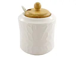 Цукорниця з ложкою та дерев'яною кришкою порцелянова Interos 380 мл біла (PJ03252-1)