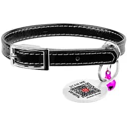 Нашийник для котів Waudog Glamour шкіряний з еластичною вставкою та QR паспортом 22-30х0.9 см чорний