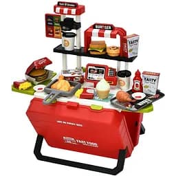 Ігровий набір для дітей Магазин фаст-фуду з прилавком і продуктами у валізі червоний