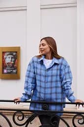 Жіноча сорочка для вагітних стилю oversize в клітинку для майбутніх мам Siena XXL - 3XL (50 - 52) Lullababe блакитний - мініатюра 6