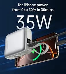 УМБ Choetech 10000mAh 35W PD3.0 USB-C In/Out, LED Display, with buid-in type-C cabel сіра - мініатюра 7