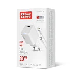 Сетевое зарядное устройство Colorway GaN Mini 20W PD Port PPS USB-C cable Lightning White