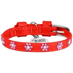 Ошейник для собак Waudog Glamour со стразами Цветочек, кожаный, с QR паспортом, S, 21-29х1,2 см, красный