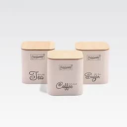 Набор металлических емкостей Maestro MR-1775-3S-IVORY с бамбуковой крышкой для чая кофе и сахара 3шт