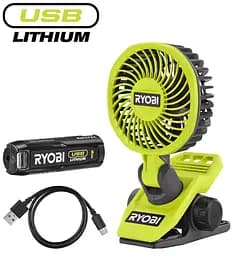 Вентилятор акумуляторний кліпса USB Lithium RCF4-120G 4В акб 1х2А·год 3800об/хв обертання 325° Ryobi teh0017047 - мініатюра 2