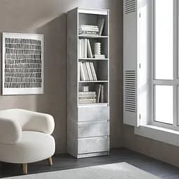 Пенал для книг Vays R-25 Бетон-Белые планки, с открытыми полками и ящиками, без ручек, ЛДСП, 50×40×211 см - для гостиной, спальни