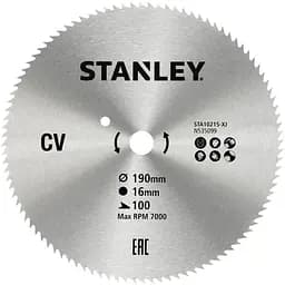 Диск пиляльний Stanley CV для деревини та фанери 190 х 16 мм 100 зубів (STA10215)
