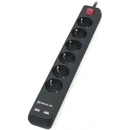 Фильтр сетевой Real-El RS-6 Protect USB, 6 розеток, 5 м, черный, 2xUSB (2.1A), 16А, до 3.68 кВт, выключатель, заземление, 3x1.5 мм²
