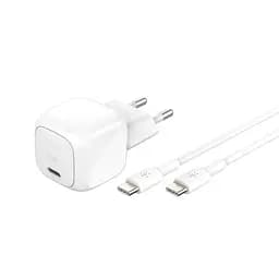 Belkin Зарядний пристрій мережевий 30Вт USB-С PD PPS, кабель USB-С > USB-C, 1 м, PVC, білий