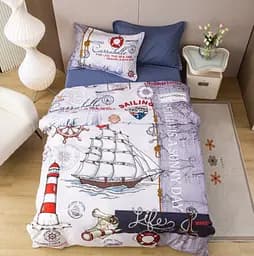 Комплект постельного белья с летним одеялом Laura Grand 100% котон - полуторный набор с наволочкой корабль