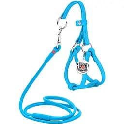 Шлея с поводком для собак Waudog Glamour, кожаная, круглая, с QR паспортом, 26-46х30-50х0,6/105 см, голубой (34012)