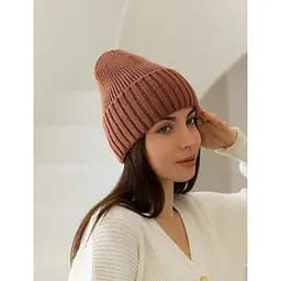 Жіноча в'язана шапка біні класік 20% вовна з відворотом Коричневий