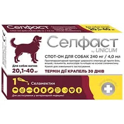 Капли на холке для собак Unicum Селфаст от блох, клещей и гельминтов 20.1-40 кг 240 мг/4 мл