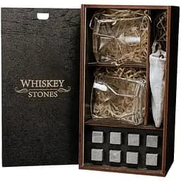 Подарунковий набір Whiskey Stones камені для віскі в дерев'яному пеналі №1 + 2 склянки Bormioli Rocco Cassiopea + щипці + мішечок