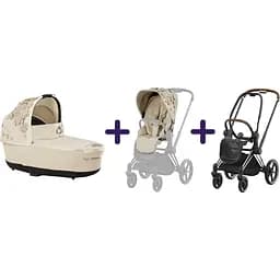 Люлька Cybex Priam Lux Simply flowers beige + Чохол тканинний для прогулянкового блоку Cybex Priam Simply Flowers Beige + Шасі Cybex Priam з каркасом LS RBA Chrome Brown