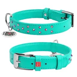 Ошейник для собак кожаный Waudog Glamour с QR-паспортом с клеевыми стразами Ш 20 мм Д 30-39 см ментоловый