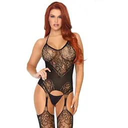 Еротичний бодістокінг Leg Avenue Jacquard net Black, імітація панчіх, відкритий доступ, One Size
