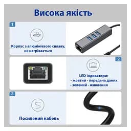 Концентратор USB 3.0 Type-C/Type-A to RJ45 Gigabit Lan, 3*USB 3.0, cable 13 cm Dynamode (DM-AD-GLAN-U3) - мініатюра 5