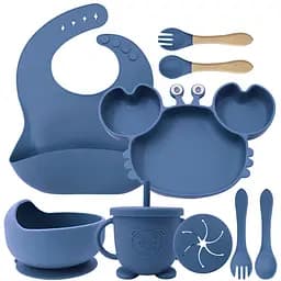 Набір дитячого силіконового посуду для першого підгодовування на присосках 9 предметів Краб Blue (18977)