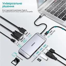 USB-Хаб Choetech USB-C хаб 9-в-1 M15 HDMI 4K@30Hz, VGA, 3 USB3.0, RJ45, USB-C PD, SD-card, TF-card (43-00153) - мініатюра 4