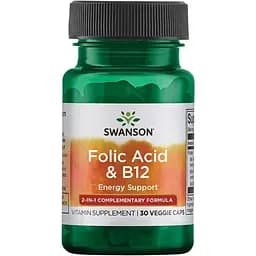 Фолієва кислота з вітаміном В 12 Swanson Folic Acid & B12, 30 вегетаріанських капсул (2022-09-0218)