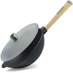 Сковорода чавунна Brizoll з дерев`яною ручкою та алюмінієвою кришкою WOK 2,2 л