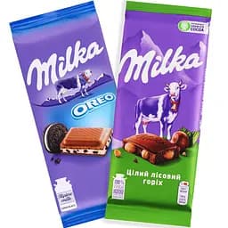 Набір: Шоколад молочний Milka з горіхом 90 г + Шоколад Milka з молочною начинкою зі смаком ванілі та шматочками печива Oreo 100 г
