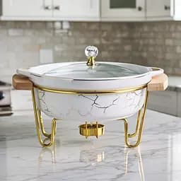 Марміт порцеляновий настільний круглий 800 (мл) мармітниця з підігрівом Білий мармур Yiwu LC-710