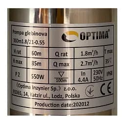 Насос свердловинний Optima 3SDm1.8/21 0.55 кВт 85 м 3″, кабель 45 м, з пультом та підвищеною стійкістю до піску NEW - мініатюра 2