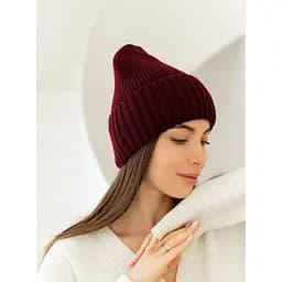 Жіноча в'язана шапка біні класік 20% вовна з відворотом Бордовий