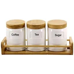 Набір банок порцелянових Interos PJ01783 на дерев'яній підставці 3 предмети 600 мл