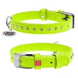 Нашийник для собак шкіряний Waudog Glamour з QR-паспортом з клейовими стразами Ш 12 мм Д 21-29 см салатовий