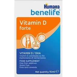 Дієтична добавка Humana Benelife D3 400 MО + DHA для міцних кісточок та зубів краплі для дітей з народження флакон 15 мл 